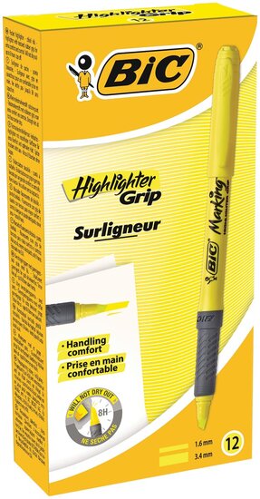 Bic markeerstift Highlighter Grip, geel, doos van 12 stuks