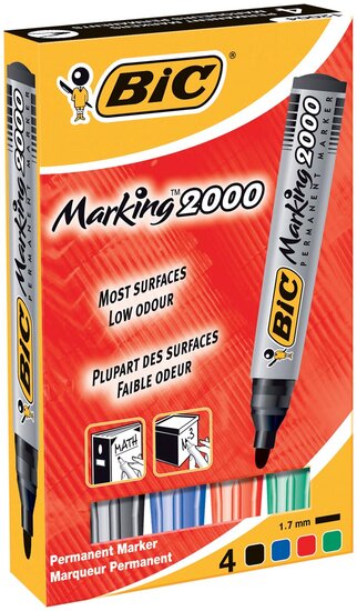 Bic permanent marker 2000, doos met 4 stuks in geassorteerde kleuren