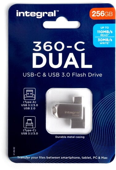 Integral 360-C Dual USB-C &amp; USB 3.0 stick, 256 GB