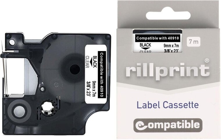 Rillprint compatible D1 tape voor Dymo 40910, 9 mm, zwart op transparant