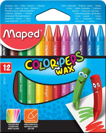 Maped waskrijt Color&#039;Peps Wax, doos van 12 stuks in geassorteerde kleuren