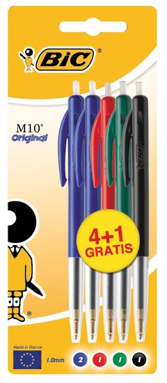 Bic balpen M10, blister 4 + 1 gratis in geassorteerde kleuren