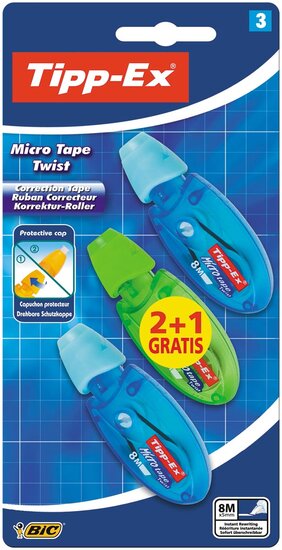 Tipp-Ex correctieoller Micro Tape Twist blauw en groen, blister 2+1 gratis