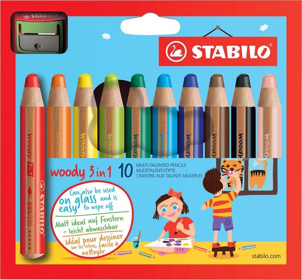 STABILO woody 3in1 kleurpotlood, etui van 10 stuks in geassorteerde kleuren