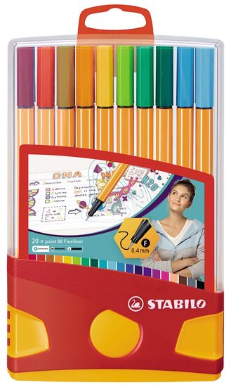 STABILO point 88 fineliner, Colorparade, rood-oranje doos, 20 stuks in geassorteerde kleuren