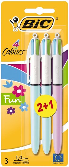 Bic Colours Fun 4-kleurenbalpen, medium, pastel inktkleuren,  blister van 2+1 gratis