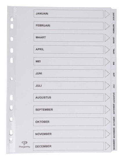 Pergamy tabbladen met indexblad, ft A4, 11-gaatsperforatie, januari-december