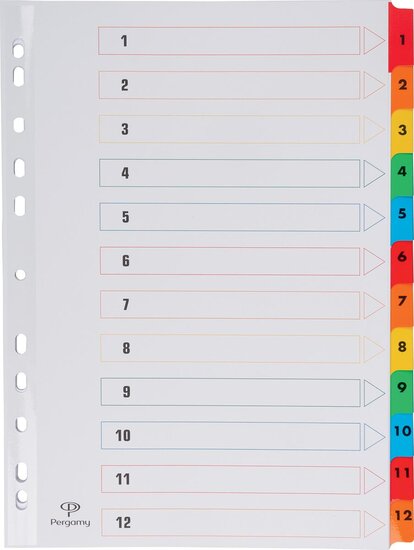 Pergamy tabbladen met indexblad, ft A4, 11-gaatsperforatie, geassorteerde kleuren, set 1-12