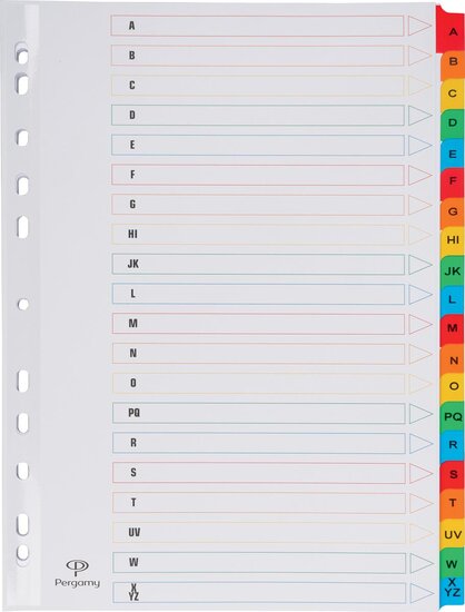 Pergamy tabbladen met indexblad, ft A4, 11-gaatsperforatie, geassorteerde kleuren, A-Z 20 met tabs