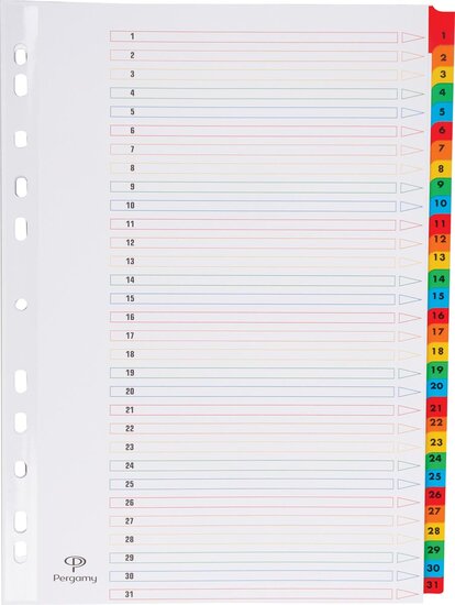 Pergamy tabbladen met indexblad, ft A4, 11-gaatsperforatie, geassorteerde kleuren, set 1-31