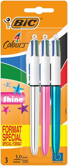 Bic Colours Shine 4-kleurenbalpen, medium, klassieke inktkleuren, blister van 3 stuks