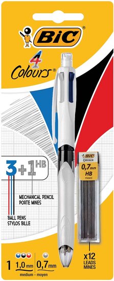 Bic Colours 3 + 1 HB 4-kleurenbalpen, medium, 3 klassieke inktkleuren en een vulpotlood 0,7 mm HB, op bli