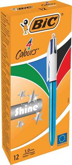 Bic Colours Shine 4-kleurenbalpen, medium, klassieke inktkleuren, lichaam metallic blauw