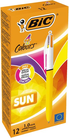 Bic Colours Sun 4-kleurenbalpen, medium, fashion inktkleuren, lichaam geel