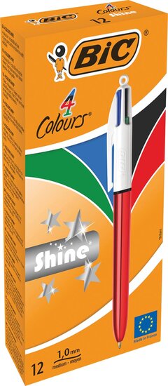 Bic Colours Shine 4-kleurenbalpen, medium, klassieke inktkleuren, lichaam metallic rood