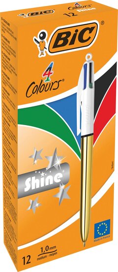 Bic Colours Shine 4-kleurenbalpen, medium, klassieke inktkleuren, lichaam goud