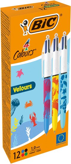 Bic Colours Velours 4-kleurenbalpen, medium, klassieke inktkleuren, doos van 12 stuks