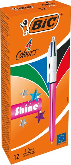 Bic Colours Shine 4-kleurenbalpen, medium, klassieke inktkleuren, lichaam metallic roze