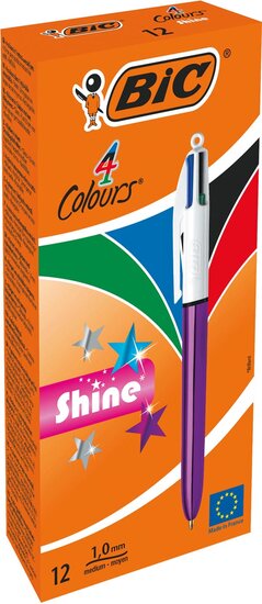 Bic Colours Shine 4-kleurenbalpen, medium, klassieke inktkleuren, lichaam metallic paars