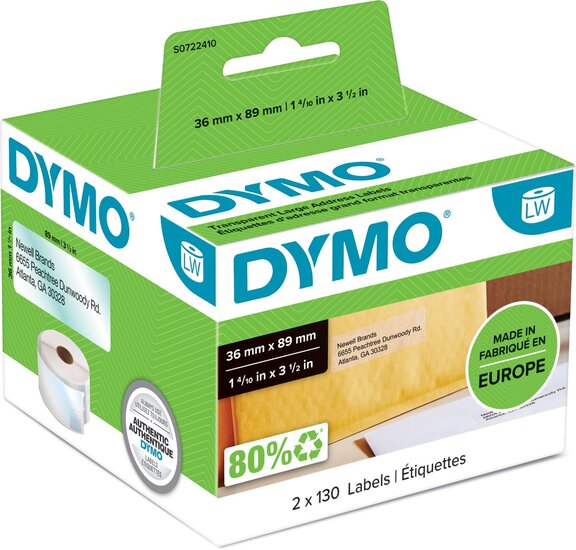 Dymo etiketten LabelWriter ft 89 x 36 mm, transparant, 260 etiketten