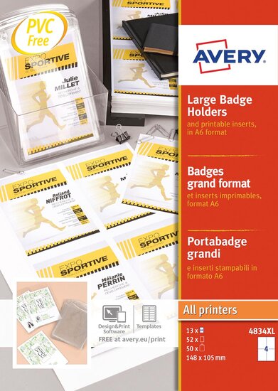 Avery grote badge, ft 10,5 x 14,8 cm, inclusief inserts, doos van 50 stuks