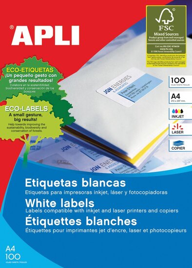 Apli witte etiketten ft 210 x 297 mm (b x h) (A4), 100 stuks, 1 per blad (1281)