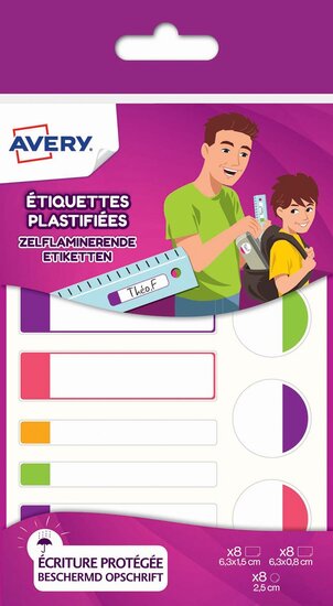 Avery Family gelamineerde etiketten, etui met 24 etiketten, geassorteerde formaten en fluo kleuren