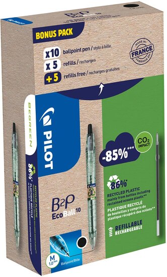 Pilot Ecoball B2P BeGreen balpen, medium punt, 0,3 mm  10 stuks + 10 vullingen, zwart