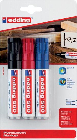 Edding permanente marker e-500 geassorteerde kleuren, blister van 3 stuks