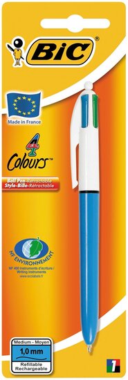 Bic 4 Colours Original 4-kleurenbalpen, medium, klassieke inktkleuren, lichaam blauw, op blister