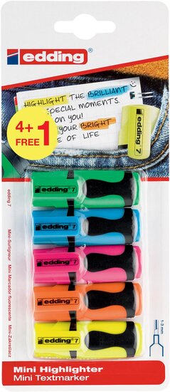 Edding mini markeerstift 7, blister met 5 stuks (4 + 1 gratis) geassorteerde kleuren