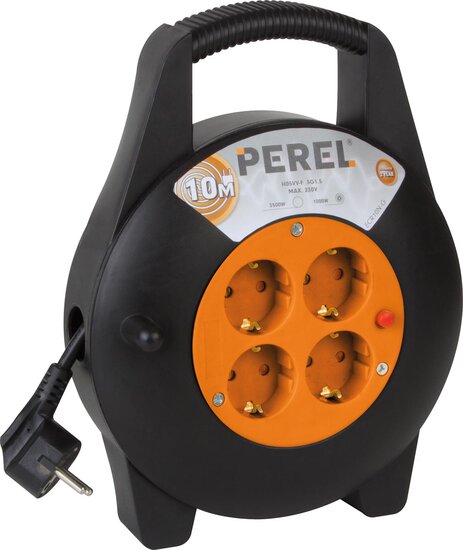 Perel kabelhaspel 3G1.5, met 4 stopcontacten, 10 m, geel en zwart