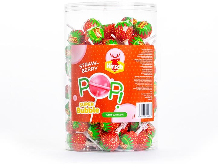 Hirsch Super Bubble Lolly Strawberry, 100 stuks, pot van 1,7 kg