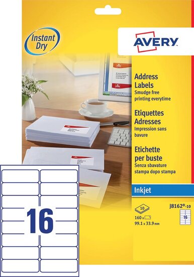 Avery J8162-10 adresetiketten ft 99,1 x 33,9 mm (b x h), 160 etiketten, wit