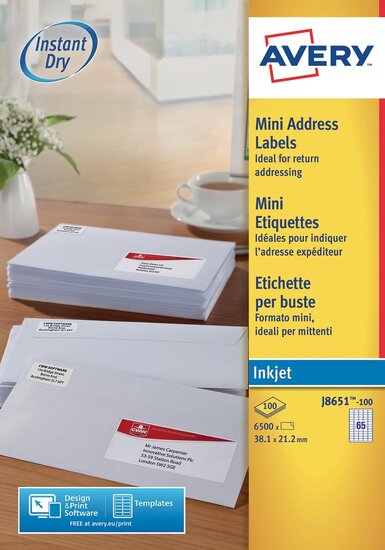 Avery witte etiketten QuickDry ft 38,1 x 21,2 mm (b x h), 6.500 stuks, 65 per blad