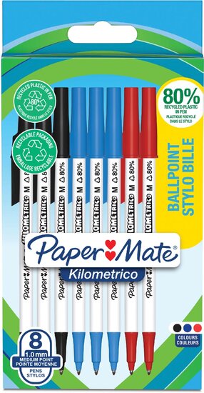 Paper Mate balpen Kilometrico, medium, blister van 8 stuks, assorti