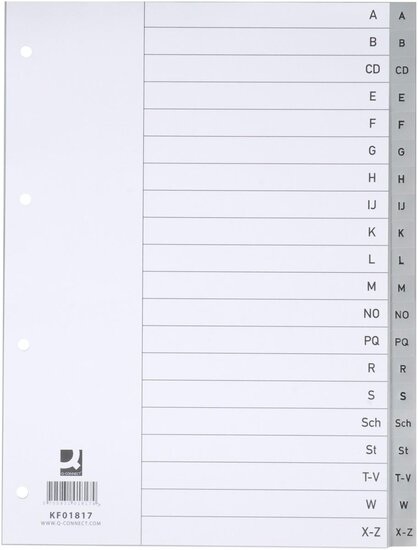 Q-CONNECT tabbladen, A4, PP, 4-gaatsperforatie, met indexblad, set van A-Z, 20 tabs, grijs