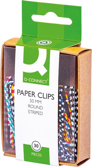 Q-CONNECT papierklemmen, 50 mm, doos van 30 stuks, gestreept in wit en geassorteerde kleuren