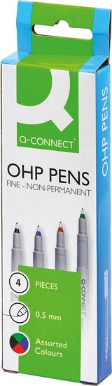 Q-CONNECT OHP marker, non permanent, fijn, set van 4 stuks in geassorteerde kleuren