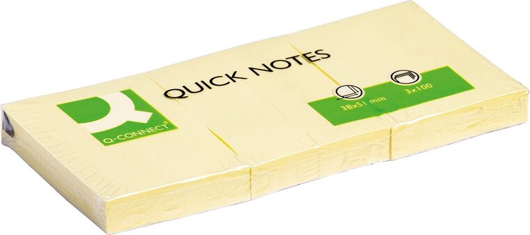 Q-CONNECT Quick Notes, ft 38 x 51 mm, 100 vel, pak van 3 stuks, geel