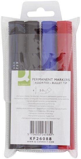 Q-CONNECT permanente marker, 2-3 mm, ronde punt, geassorteerde kleuren, etui van 4 stuks