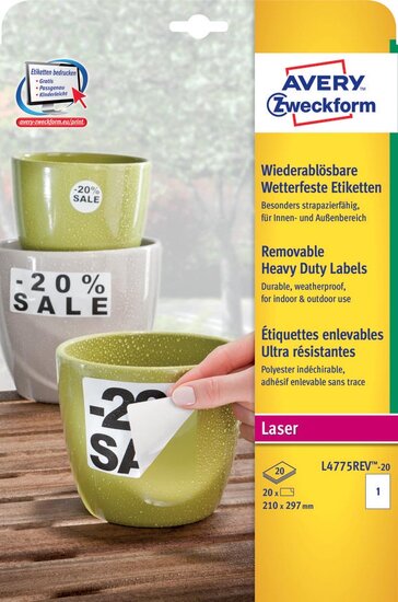 Avery afneembare weerbestendige etiketten ft 210 x 297 mm (b x h), wit, doos van 20 etiketten