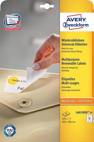 Avery Zweckform L6023REV-25 afneembare etiketten ft 63,5 x 38,1 mm (b x h), 525 etiketten, wit