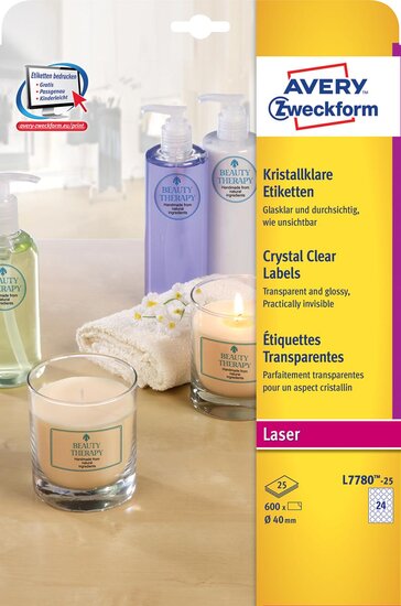 Avery transparante Crystal Clear etiketten diameter 40 mm, 600 etiketten, 24 per vel