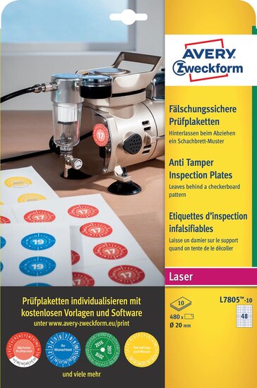 Avery fraudebestendige, niet-verwijderbare ronde keuringszegels, 20 mm diameter, 480 stuks, 48 per vel