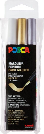 Posca paintmarker PCF-350, brush tip, &eacute;tui van 3 stuks, assorti (goud, zilver en wit)