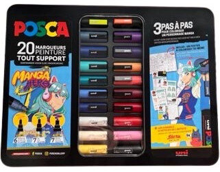 Posca paintmarkers, metalen doos van 20 stuks, assorti, ontwerp Manga