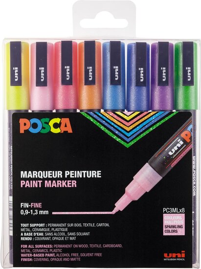 Posca paintmarker PC-3M, set van 8 markers, glitter, assorti