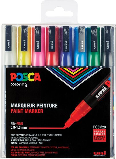 Posca paintmarker PC-3M,  set van 8 markers in geassorteerde basiskleuren