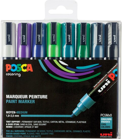 Posca paintmarker PC-5M, set van 8 markers in geassorteerde koude kleuren